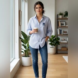 Ralph Lauren Blue Stripe "PRL" Monogram Boyfriend Fit Button-Down Shirt Size L